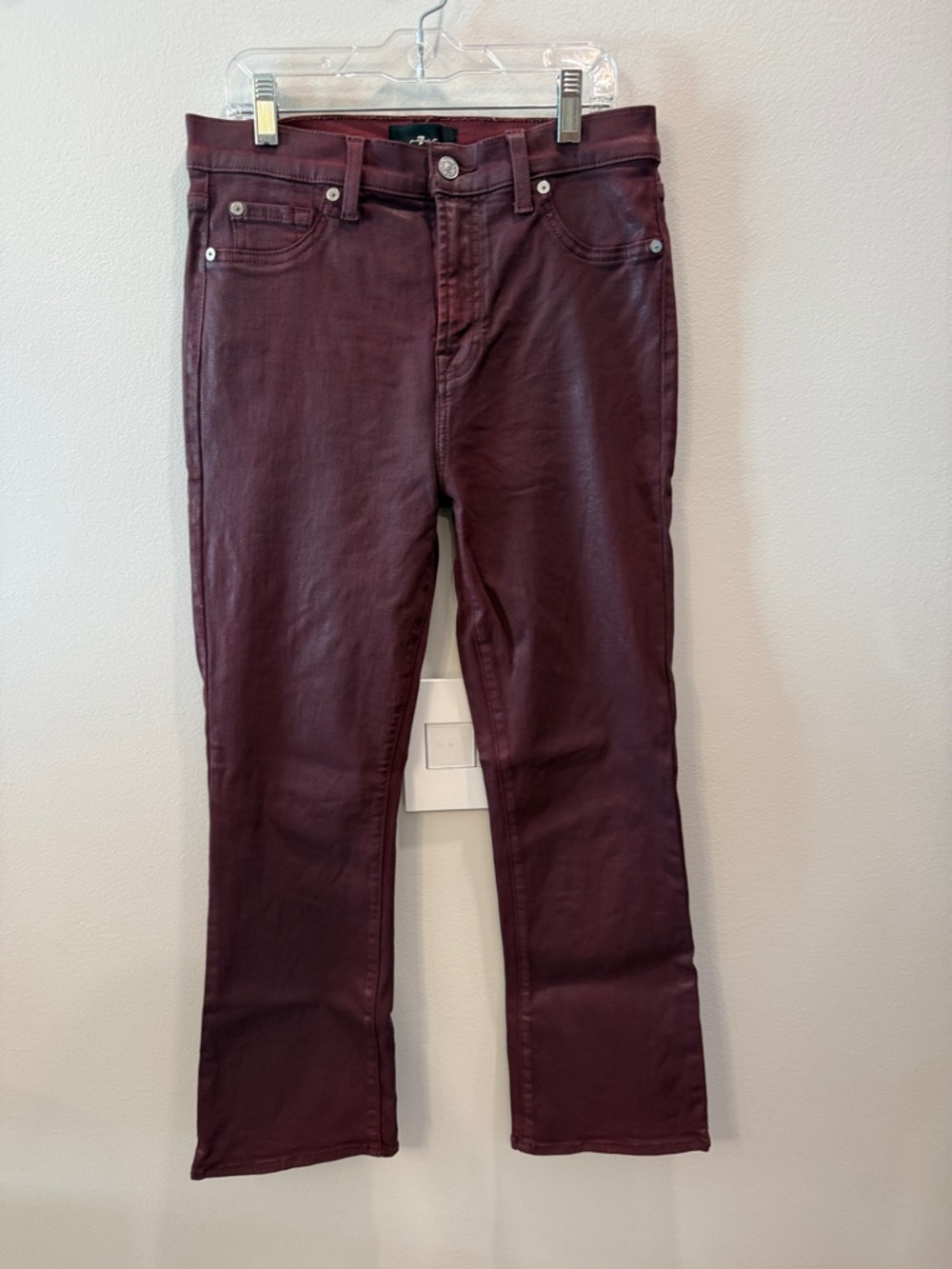 7 For All Mankind Burgundy Bordeaux Coated Ankle Cropped Jeans Size 29